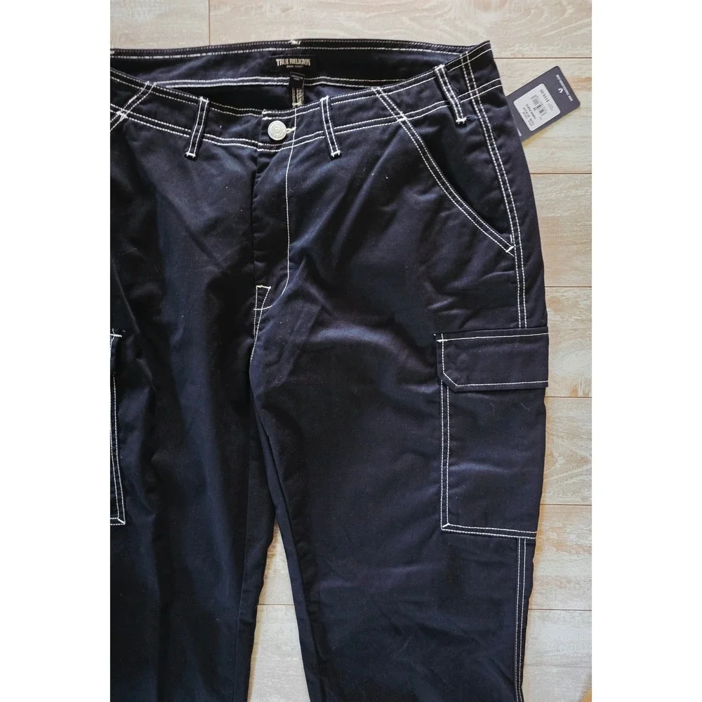 True Religion 36x32 Mens Jet Black Cargo‎ Pants Style 108335 Stitch NWT $159